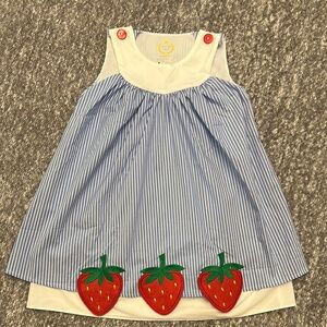 NWOT Heirloom baby blue Stripe Dress with Strawberry Appliqué 5t